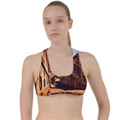 Street Architecture Building Criss Cross Racerback Sports Bra by Pakrebo