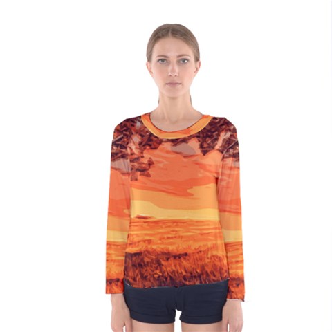 Field Sunset Orange Sky Land Women s Long Sleeve Tee by Pakrebo