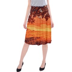 Field Sunset Orange Sky Land Midi Beach Skirt by Pakrebo