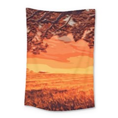 Field Sunset Orange Sky Land Small Tapestry by Pakrebo