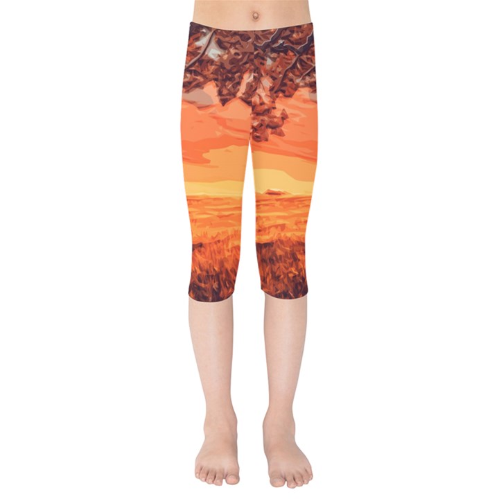 Field Sunset Orange Sky Land Kids  Capri Leggings 