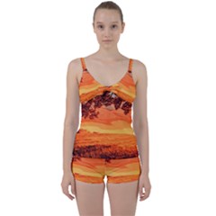 Field Sunset Orange Sky Land Tie Front Two Piece Tankini by Pakrebo