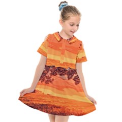 Field Sunset Orange Sky Land Kids  Short Sleeve Shirt Dress by Pakrebo