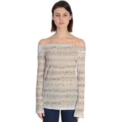 Vintage Beige Music Notes Off Shoulder Long Sleeve Top