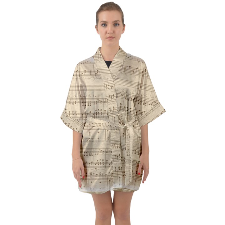 Vintage Beige Music Notes Quarter Sleeve Kimono Robe