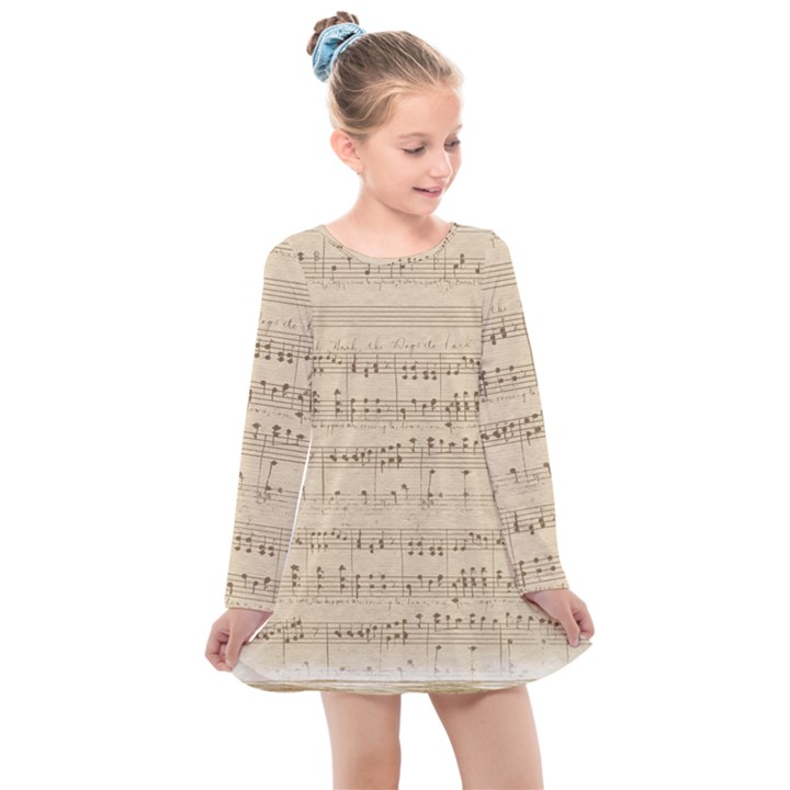 Vintage Beige Music Notes Kids  Long Sleeve Dress