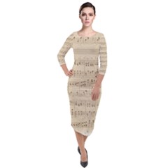 Vintage Beige Music Notes Quarter Sleeve Midi Velour Bodycon Dress