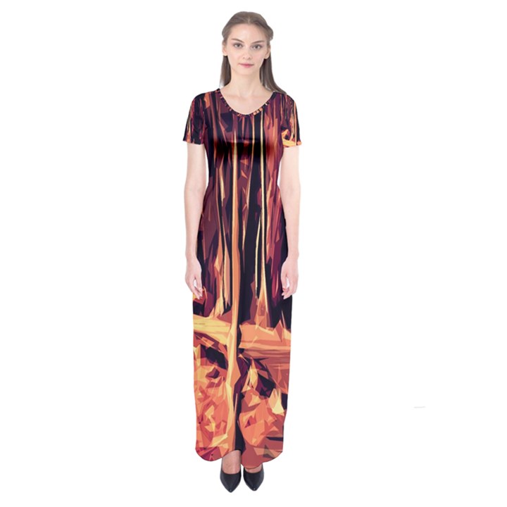 Forest Autumn Trees Trail Road Short Sleeve Maxi Dress