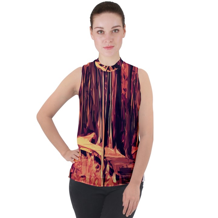 Forest Autumn Trees Trail Road Mock Neck Chiffon Sleeveless Top