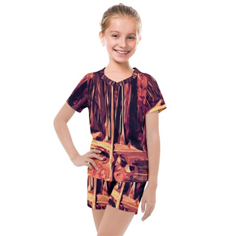 Forest Autumn Trees Trail Road Kids  Mesh Tee And Shorts Set by Pakrebo