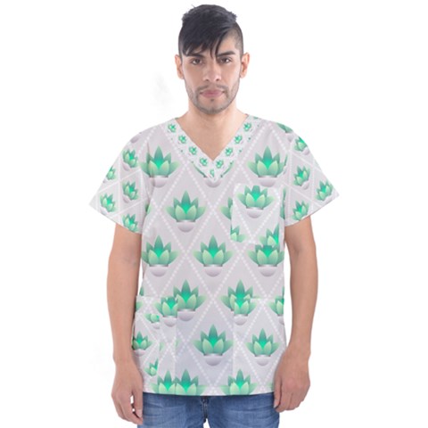 Plant Pattern Green Leaf Flora Men s V-neck Scrub Top by Pakrebo