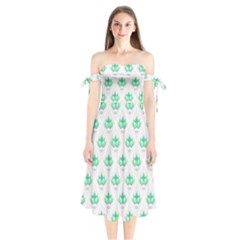 Plant Pattern Green Leaf Flora Shoulder Tie Bardot Midi Dress by Pakrebo