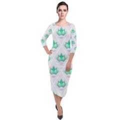 Plant Pattern Green Leaf Flora Quarter Sleeve Midi Velour Bodycon Dress