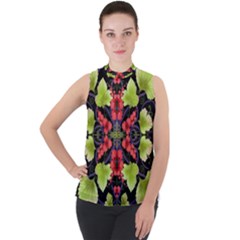 Pattern Berry Red Currant Plant Mock Neck Chiffon Sleeveless Top by Pakrebo