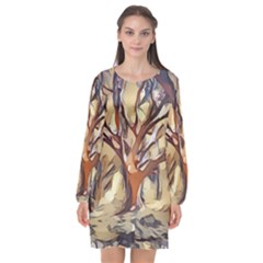 Tree Forest Woods Nature Landscape Long Sleeve Chiffon Shift Dress  by Pakrebo