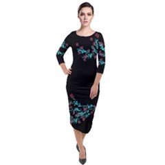 Onyx Winter Red And Blue Flora Quarter Sleeve Midi Velour Bodycon Dress