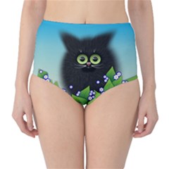 Kitten Black Furry Illustration Classic High-waist Bikini Bottoms by Pakrebo