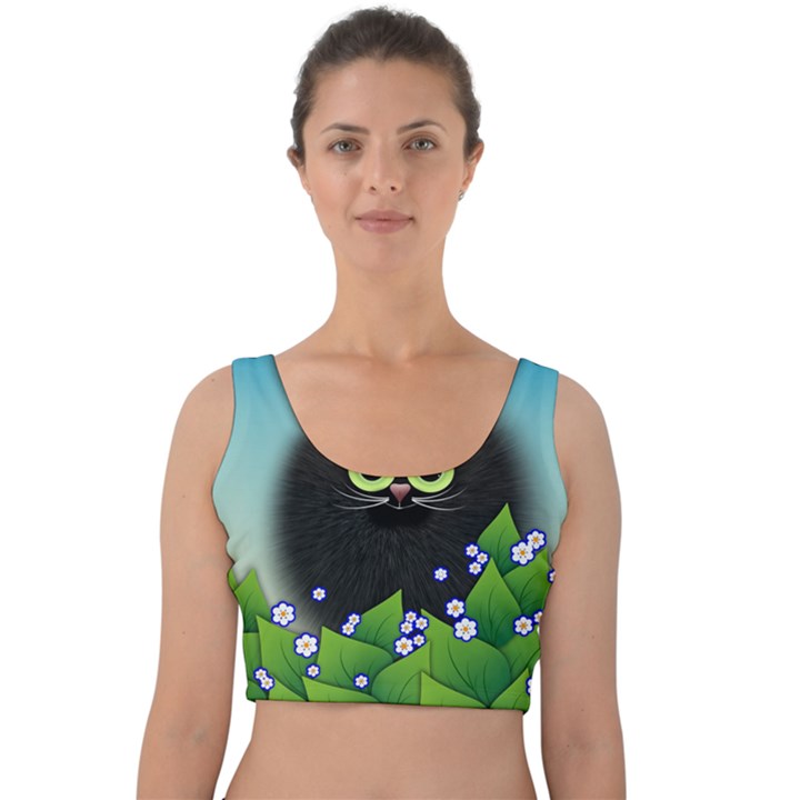 Kitten Black Furry Illustration Velvet Crop Top