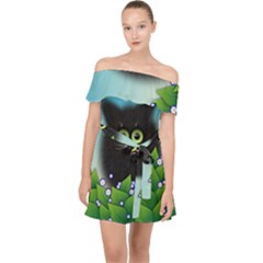 Kitten Black Furry Illustration Off Shoulder Chiffon Dress