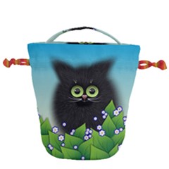 Kitten Black Furry Illustration Drawstring Bucket Bag by Pakrebo