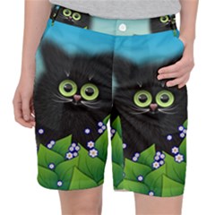 Kitten Black Furry Illustration Pocket Shorts