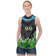 Kitten Black Furry Illustration High Neck Satin Top