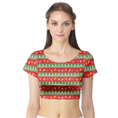 Christmas Papers Red And Green Short Sleeve Crop Top