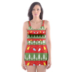 Christmas Papers Red And Green Skater Dress Swimsuit by Pakrebo