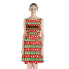 Christmas Papers Red And Green Sleeveless Waist Tie Chiffon Dress