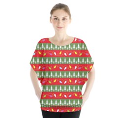 Christmas Papers Red And Green Batwing Chiffon Blouse