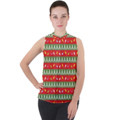 Christmas Papers Red And Green Mock Neck Chiffon Sleeveless Top