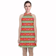 Christmas Papers Red And Green Velvet Halter Neckline Dress 