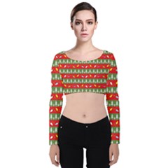 Christmas Papers Red And Green Velvet Long Sleeve Crop Top