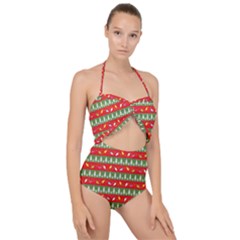 Christmas Papers Red And Green Scallop Top Cut Out Swimsuit by Pakrebo