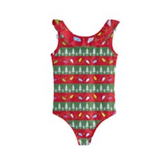 Christmas Papers Red And Green Kids  Frill Swimsuit