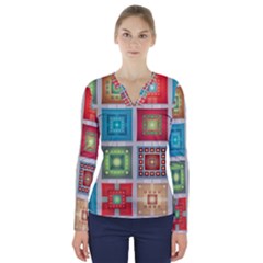 Tiles Pattern Background Colorful V-neck Long Sleeve Top by Pakrebo