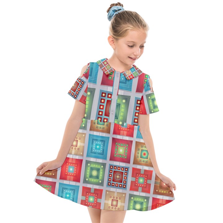 Tiles Pattern Background Colorful Kids  Short Sleeve Shirt Dress