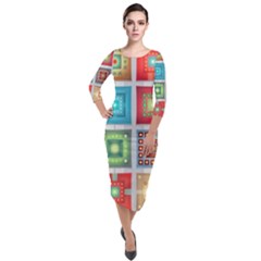 Tiles Pattern Background Colorful Quarter Sleeve Midi Velour Bodycon Dress