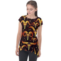 Stylised Horns Black Pattern Cap Sleeve High Low Top