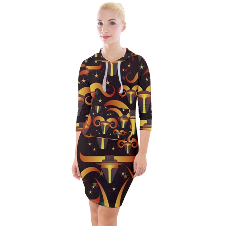 Stylised Horns Black Pattern Quarter Sleeve Hood Bodycon Dress