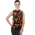 Stylised Horns Black Pattern Mock Neck Chiffon Sleeveless Top View1