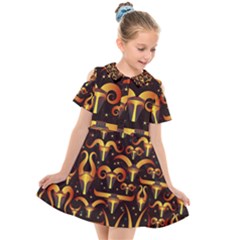 Stylised Horns Black Pattern Kids  Short Sleeve Shirt Dress by Pakrebo