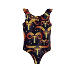 Stylised Horns Black Pattern Kids  Frill Swimsuit by Pakrebo