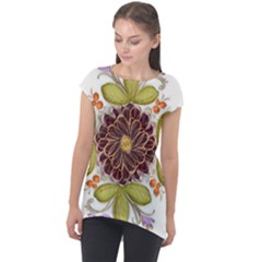 Flowers Decorative Flowers Pattern Cap Sleeve High Low Top