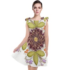 Flowers Decorative Flowers Pattern Tie Up Tunic Dress