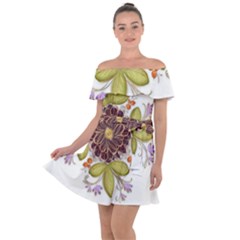 Flowers Decorative Flowers Pattern Off Shoulder Velour Dress