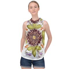 Flowers Decorative Flowers Pattern High Neck Satin Top