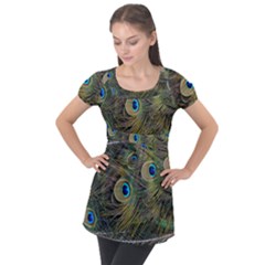 Peacock Tail Feathers Close Up Puff Sleeve Tunic Top