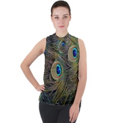 Peacock Tail Feathers Close Up Mock Neck Chiffon Sleeveless Top by Pakrebo