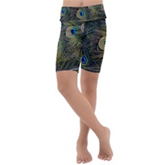 Peacock Tail Feathers Close Up Kids  Lightweight Velour Cropped Yoga Leggings